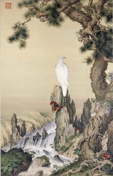 monochrome black white Painting - Lang shining white bird near waterfall old China ink Giuseppe Castiglione birds